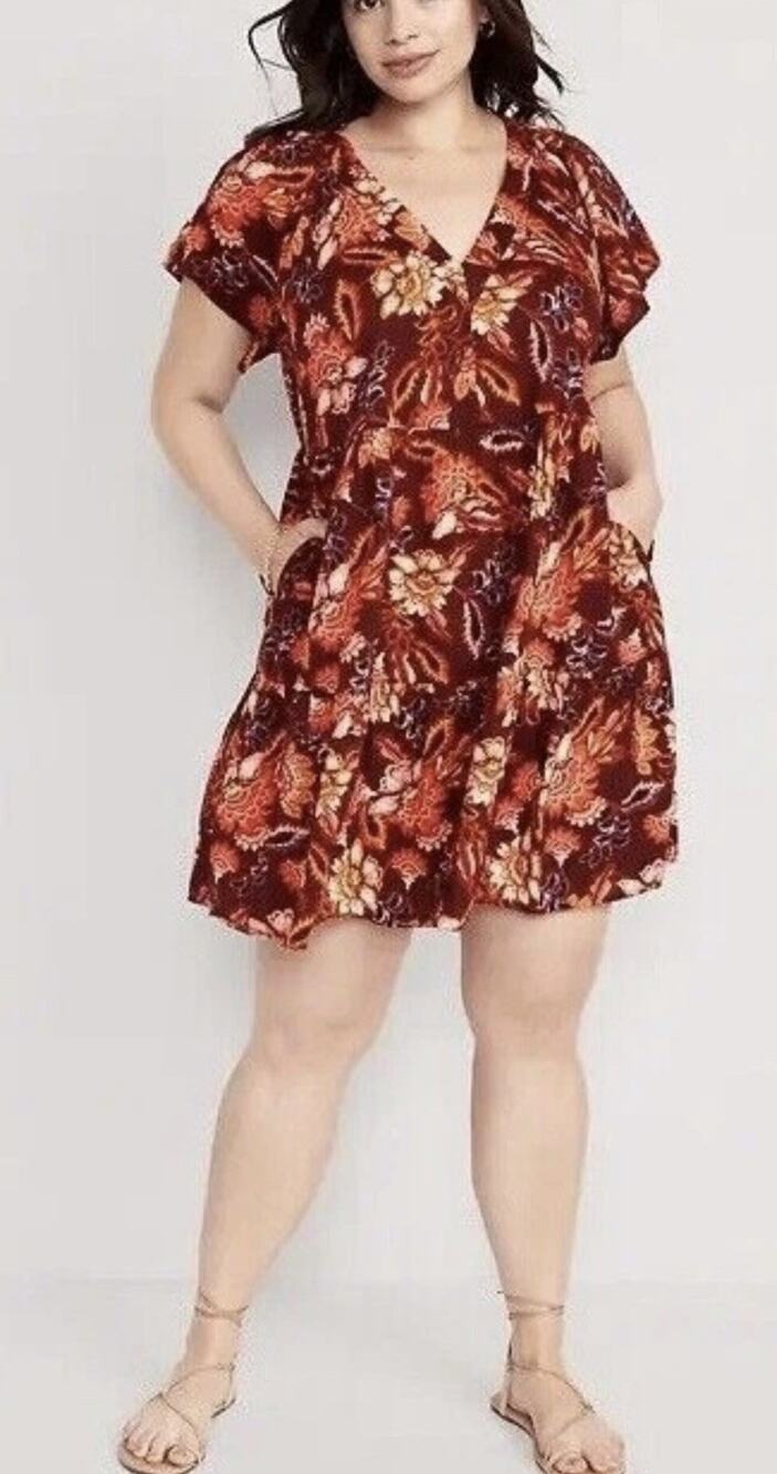 Women's V-Neck Tiered Mini Swing Dress Floral MEDIUM Red Floral NEW